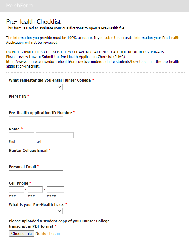 Pre-Health Application Checklist Section 1